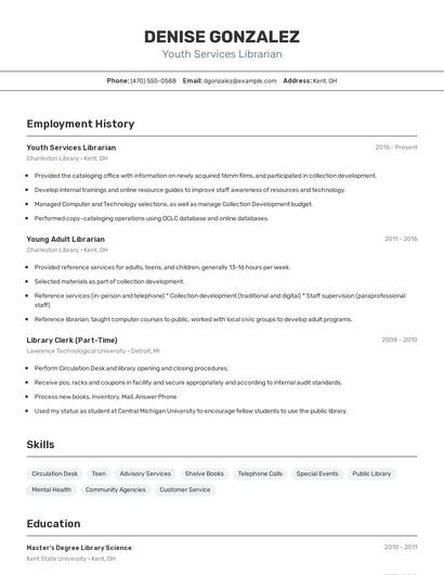 Youth Services Librarian Resume