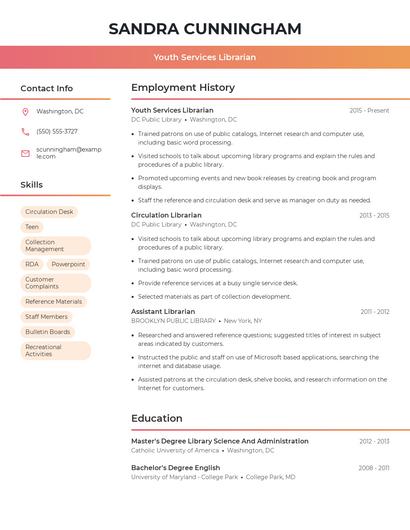 Youth Services Librarian Resume