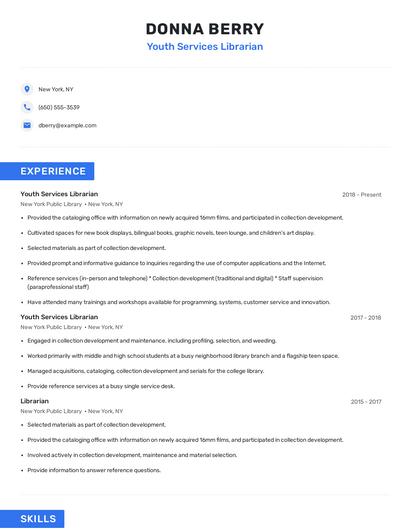 Youth Services Librarian Resume