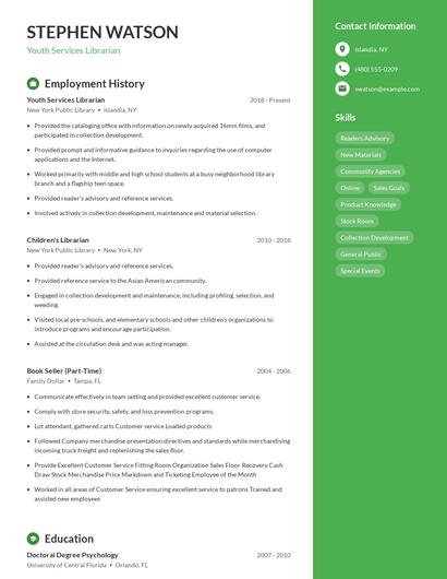 Youth Services Librarian Resume