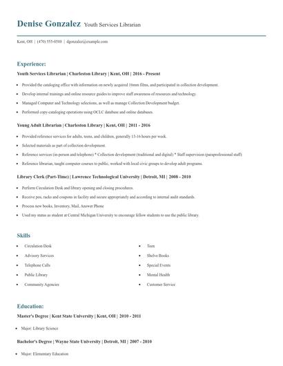 Youth Services Librarian Resume