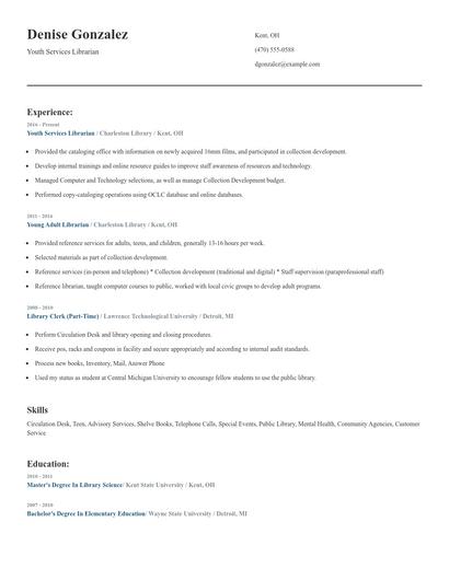 Youth Services Librarian Resume