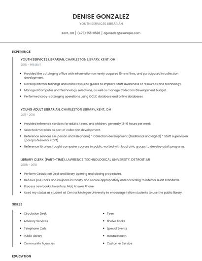 Youth Services Librarian Resume
