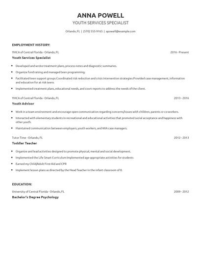 Youth Services Specialist Resume