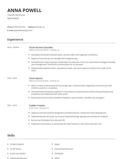 Youth Services Specialist Resume