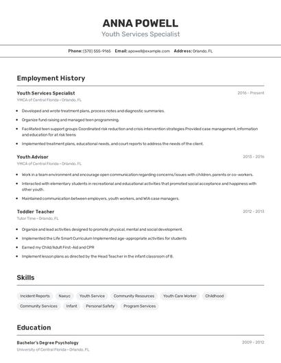 Youth Services Specialist Resume