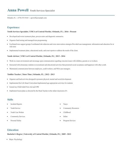 Youth Services Specialist Resume