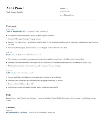Youth Services Specialist Resume