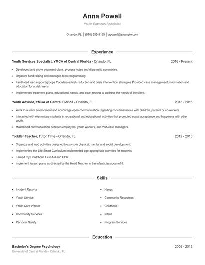 Youth Services Specialist Resume