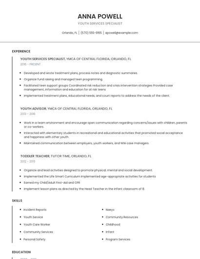 Youth Services Specialist Resume