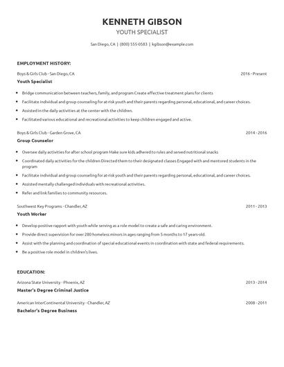 Youth Specialist Resume