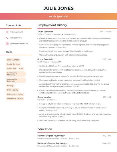 Youth Specialist Resume