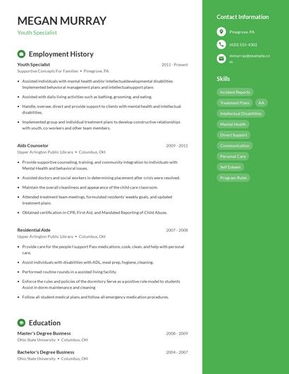 Youth Specialist Resume