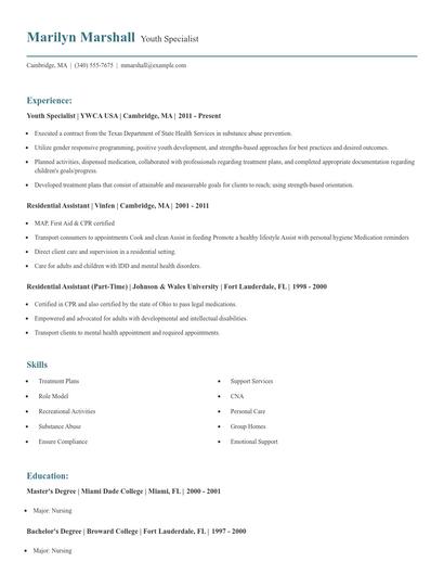 Youth Specialist Resume