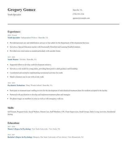 Youth Specialist Resume