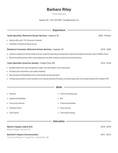 Youth Specialist Resume