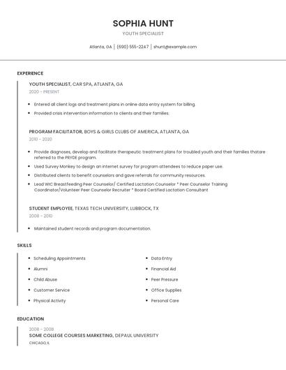 Youth Specialist Resume