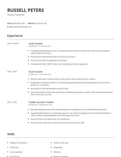 Youth Teacher Resume