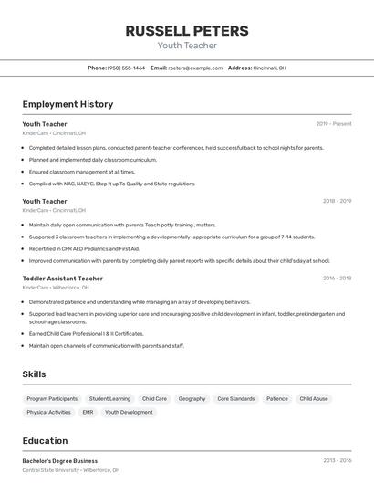 Youth Teacher Resume