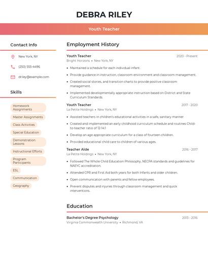 Youth Teacher Resume
