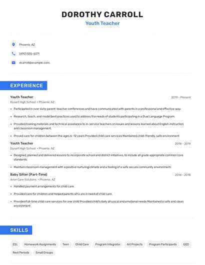 Youth Teacher Resume