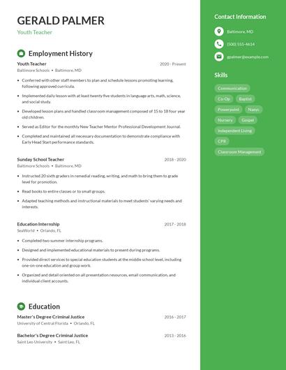 Youth Teacher Resume