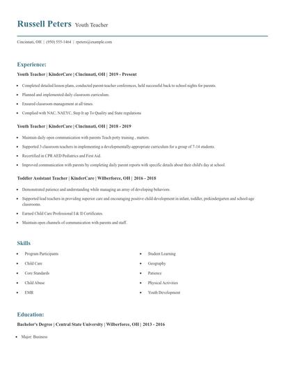 Youth Teacher Resume