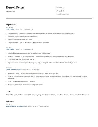 Youth Teacher Resume