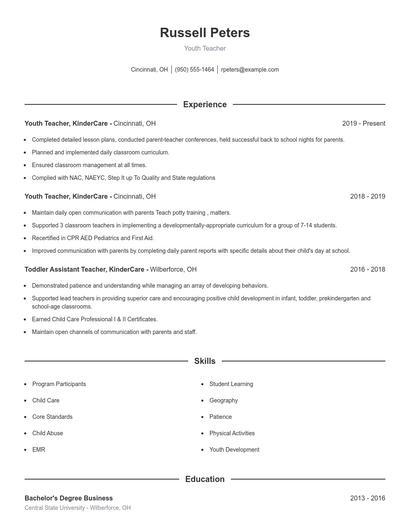 Youth Teacher Resume