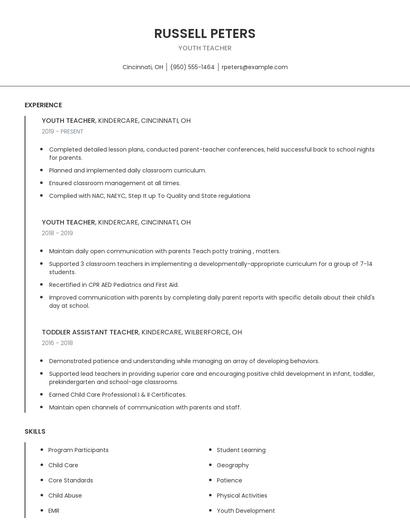 Youth Teacher Resume
