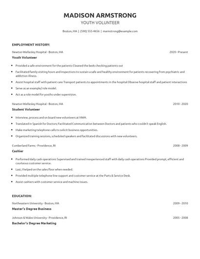 Youth Volunteer Resume