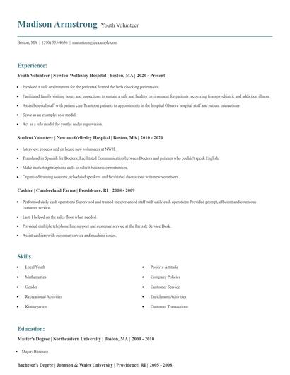Youth Volunteer Resume