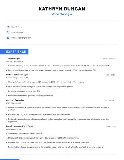 Zone Manager Resume