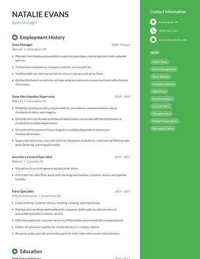 Zone Manager Resume