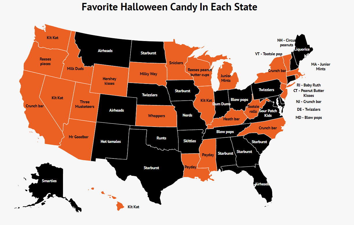 Map Of Each State's Favorite Halloween Candy (Spoiler: Some states have really  bad taste) - Zippia