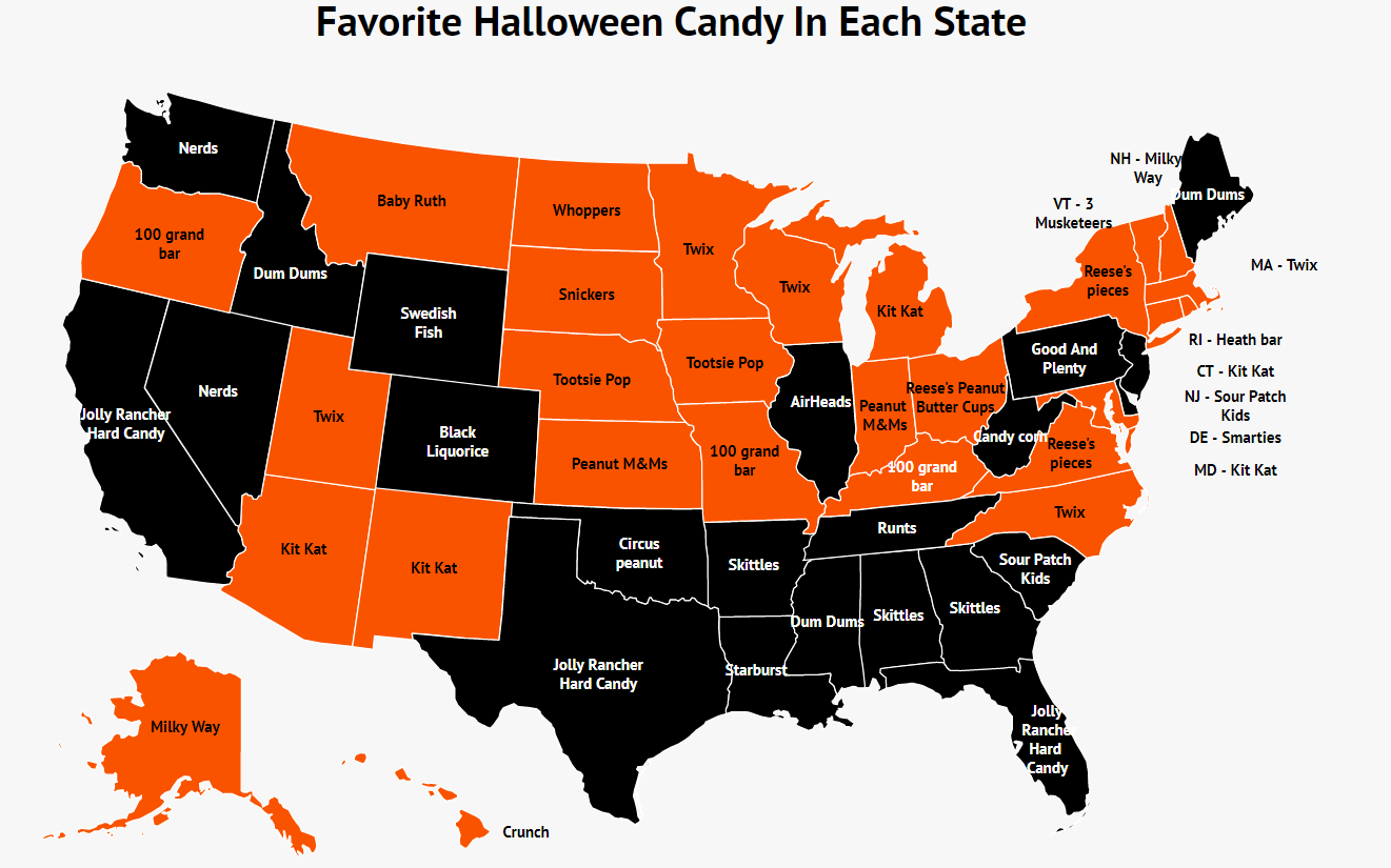 Map Of Each State's Favorite Halloween Candy (Spoiler: Some states have really  bad taste) - Zippia