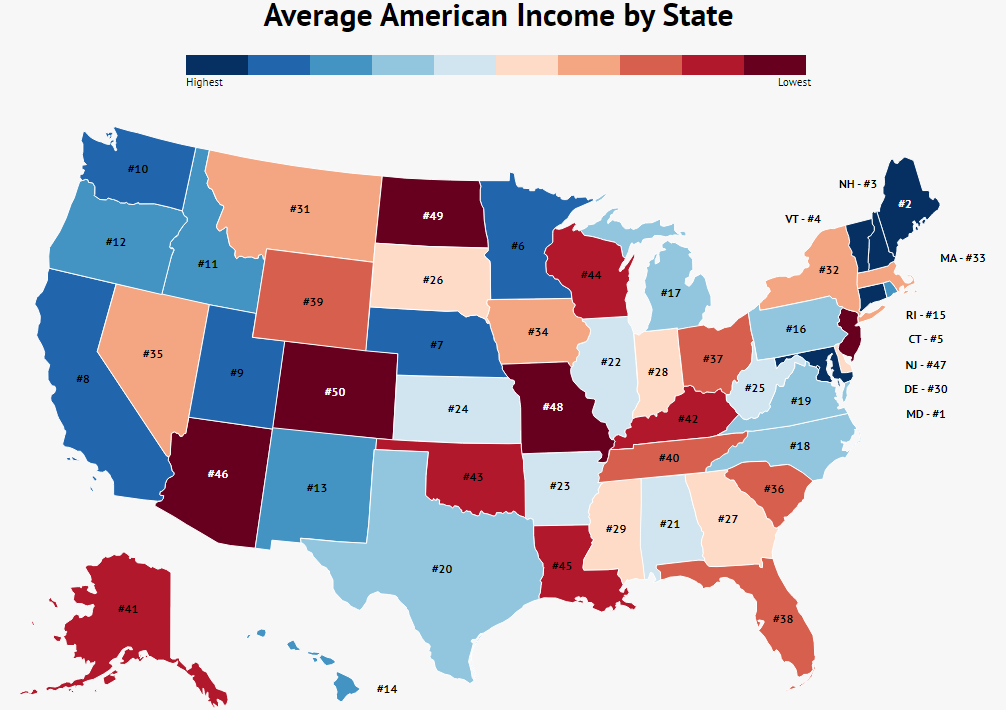 average american income by state heat map